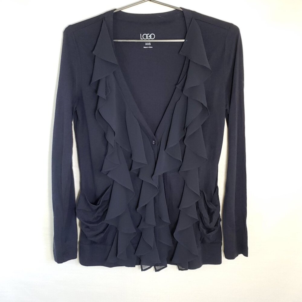 LOGO Soft Cotton Ruffle Front Cardigan Size XXS Semi Sheer Dark Romantic